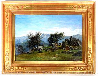 Gilt-Framed Oil on Wood of Shepherds with Cow on Hilltop Signed by Artist Saul Guigo, 1871.  Restored by Justine Wimsatt, Wimsatt & Assoc in 2002.  9" x 12"