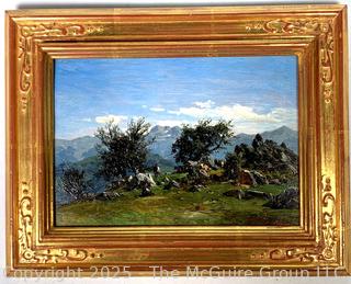 Gilt-Framed Oil on Wood of Shepherds with Cow on Hilltop Signed by Artist Saul Guigo, 1871.  Restored by Justine Wimsatt, Wimsatt & Assoc in 2002.  9" x 12"