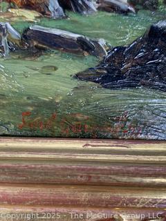 Gilt-Framed Oil on Wood of Shepherds with Cow on Hilltop Signed by Artist Saul Guigo, 1871.  Restored by Justine Wimsatt, Wimsatt & Assoc in 2002.  9" x 12"