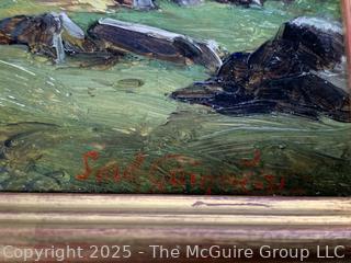 Gilt-Framed Oil on Wood of Shepherds with Cow on Hilltop Signed by Artist Saul Guigo, 1871.  Restored by Justine Wimsatt, Wimsatt & Assoc in 2002.  9" x 12"