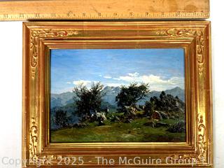 Gilt-Framed Oil on Wood of Shepherds with Cow on Hilltop Signed by Artist Saul Guigo, 1871.  Restored by Justine Wimsatt, Wimsatt & Assoc in 2002.  9" x 12"