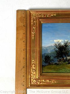 Gilt-Framed Oil on Wood of Shepherds with Cow on Hilltop Signed by Artist Saul Guigo, 1871.  Restored by Justine Wimsatt, Wimsatt & Assoc in 2002.  9" x 12"