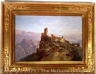 Gilt Framed Oil on Wood of Ruins on Precipice Signed by Artist Saul Guigo, 1871.  Restored by Justine Wimsatt, Wimsatt & Assoc in 2002.  9" x 12"