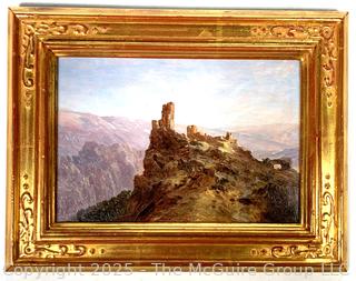 Gilt Framed Oil on Wood of Ruins on Precipice Signed by Artist Saul Guigo, 1871.  Restored by Justine Wimsatt, Wimsatt & Assoc in 2002.  9" x 12"