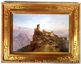 Gilt Framed Oil on Wood of Ruins on Precipice Signed by Artist Saul Guigo, 1871.  Restored by Justine Wimsatt, Wimsatt & Assoc in 2002.  9" x 12"