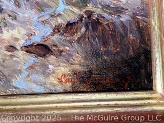 Gilt Framed Oil on Wood of Ruins on Precipice Signed by Artist Saul Guigo, 1871.  Restored by Justine Wimsatt, Wimsatt & Assoc in 2002.  9" x 12"