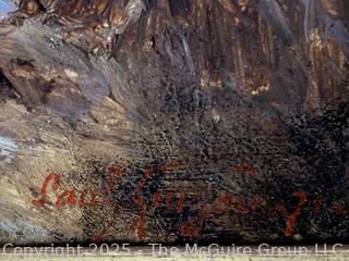 Gilt Framed Oil on Wood of Ruins on Precipice Signed by Artist Saul Guigo, 1871.  Restored by Justine Wimsatt, Wimsatt & Assoc in 2002.  9" x 12"