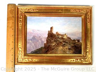 Gilt Framed Oil on Wood of Ruins on Precipice Signed by Artist Saul Guigo, 1871.  Restored by Justine Wimsatt, Wimsatt & Assoc in 2002.  9" x 12"