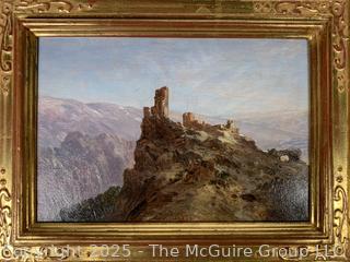 Gilt Framed Oil on Wood of Ruins on Precipice Signed by Artist Saul Guigo, 1871.  Restored by Justine Wimsatt, Wimsatt & Assoc in 2002.  9" x 12"