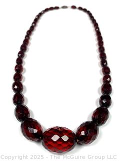 Art Deco Cherry Amber Bakelite Faceted Graduated Beaded Necklace.  