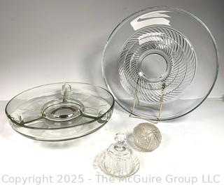 Clear Glass Lazy Susan on Ball-Bearing Base, Serving Platter and Covered Plate