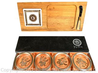 Mid Century Set of Four (4) Georges Briard Glass Coasters in Box and Cheese Tray