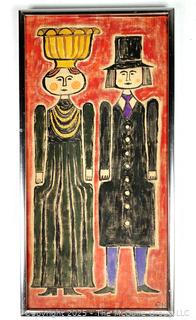 Framed Oil on Board Folk Art Painting of Man and Wife Signed by Polish Artist EK.  