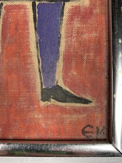 Framed Oil on Board Folk Art Painting of Man and Wife Signed by Polish Artist EK.  