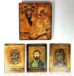 Four (4) Hand Painted Icons on Wood Boards Including Solomon & Sheba Icon Barbara Goshu 1975 and Osvaldo Bohm Photo Fotografie Venezia Italy