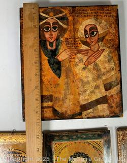 Four (4) Hand Painted Icons on Wood Boards Including Solomon & Sheba Icon Barbara Goshu 1975 and Osvaldo Bohm Photo Fotografie Venezia Italy