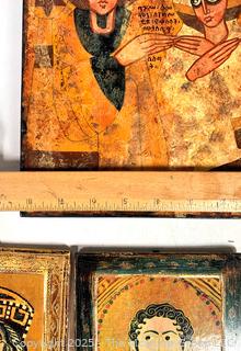 Four (4) Hand Painted Icons on Wood Boards Including Solomon & Sheba Icon Barbara Goshu 1975 and Osvaldo Bohm Photo Fotografie Venezia Italy