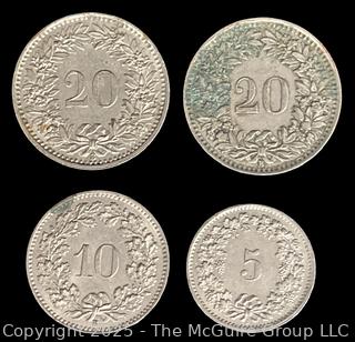 Lot of Four (4) Swiss 5,10,20 Franc Silver Coins, Various Dates