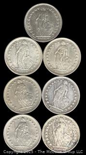 Lot of Seven (7) Swiss 1/2 Fr. Silver Coins, Various Dates