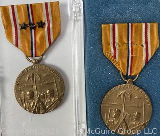 Two (2) Asiatic-Pacific Campaign Medals With Pin Back Ribbons. One Includes Three Service Stars. U.S. Army Award From World War II.