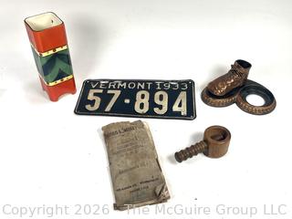 Group Including 1933 Vermont License Plate, Millwork Catalog, Nut Cracker
