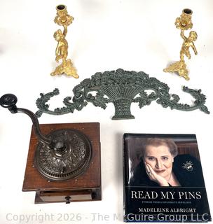 Two (2)  Louis XV Ormolu Cherub Candlesticks, Coffee Grinder, Pediment And Madeleine Albright Book