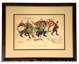 Framed Under Glass WW II Cartoon Titled The Map Maker a Satirical Condemnation of the Axis Leaders by Arthur Szyk.  16" x 35"
