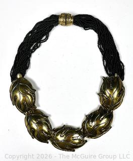 Louisa Conti Black Seed Beads with Brass Leaves Necklace