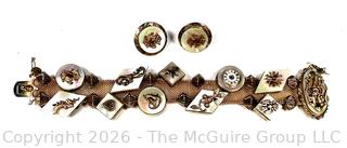 Abalone Shell Mother of Pearl Gold Tone Mesh Charm Bracelet & Earrings