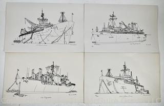 Four (4) Naval Ship Art Prints Signed and Numbered in Pencil by Artist Frances Smith. 11" X 17". 