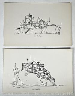 Two (2) Naval Ship Art Prints Signed and Numbered in Pencil by Artist Frances Smith. 11" X 17".