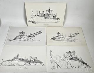Five (5) Naval Ship Art Prints Signed and Numbered in Pencil by Artist Frances Smith. 11" X 17".