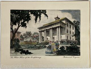 Colored Lithograph of The White House of the Confederacy by (Henry) Day Lowry, Richmond Artist/Painter.  Garden Side View of the Home.  