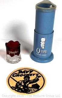 Blue Plastic Q-Tips Cotton Swabs Dispenser, Davy Crockett Patch and Ruby Flash Glass from Logansport, Indiana
