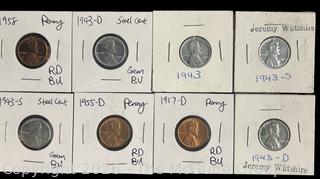 Eight (8) US 1 Cent Coins  1943  1955-D  1958  1957-D  1943-D  1943-S  1943-S  1943-D