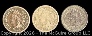 Three (3) Indian Head US 1 Cent Coins  1862  1863  1864