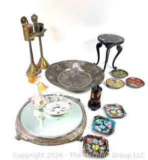 Group of Decorative Collectibles Including Mirrored Dresser Tray