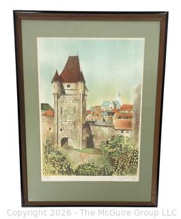 Framed Under Glass Lithograph of Castle Tower Signed by Artist Claude Grosperrin.  19" x 24".