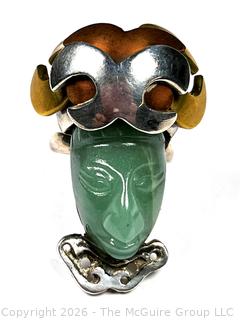 Nephrite Jade Carved Aztec Face with 950 Silver Ring With Studio Mark, Taxco Mexico 