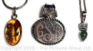 Three (3) Sterling Silver with Amber and Stone Pendants on Chain
