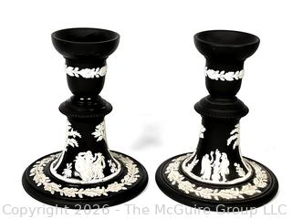 Pair of Wedgwood Black and White Jasperware Basalt Candlesticks