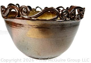Studio Earthen Ware Pottery Bowl with Open Work Edge.  Some damage to scrollwork. 13" diameter