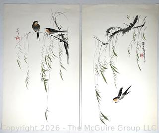 Two (2) Unframed Asian Prints of Willows by Charles Chu.  14 X 23"