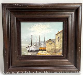 Framed Oil on Canvas of Ships in Harbor Signed by Artist W. Jones.
