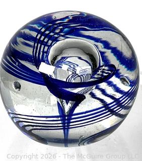 Cobalt Swirl Blue Art Glass Paperweight, Signed by Artist. 