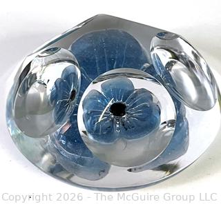 Daum France Crystal Paperweight with a Light Blue Flower and Five Windows