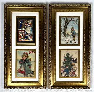 Two (2) Framed Under Glass Christmas Themed Postcards
