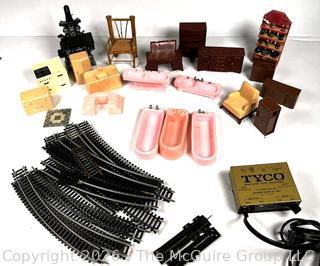 Plastic Doll House Furniture and Tyco Model Train Tracks