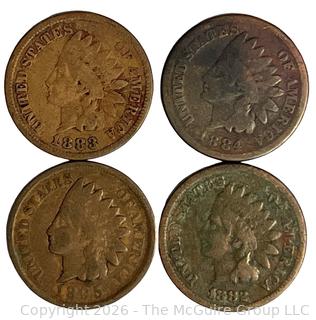 Four (4) Indian Head Penny Coins 1882 1883 1884 1885
