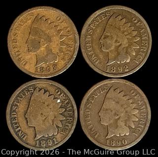Four (4) Indian Head Pennies 1890, 1891, 1892, 1893 Coins